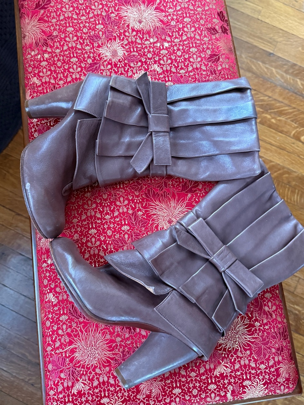 Chie Mihara Chocolate Brown Mid-Calf Folded Leather Boots with Bow
